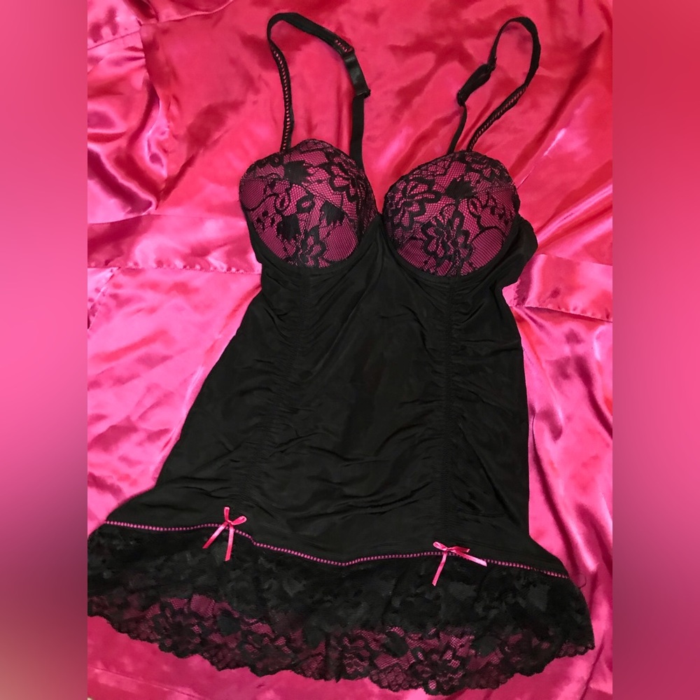💗3/$15 Black pink lace lingerie push up chemise camisole bow detail sexy - Picture 3 of 11